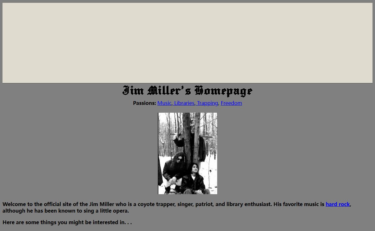 Jim Miller Pages- site of American heavy metal singer,patriot,trapper,and library enthusiast.