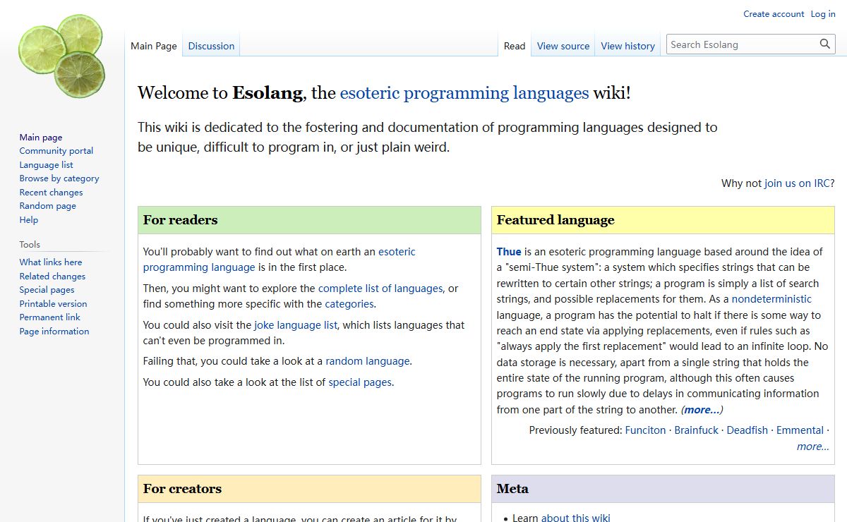Esolang, the esoteric programming languages wiki