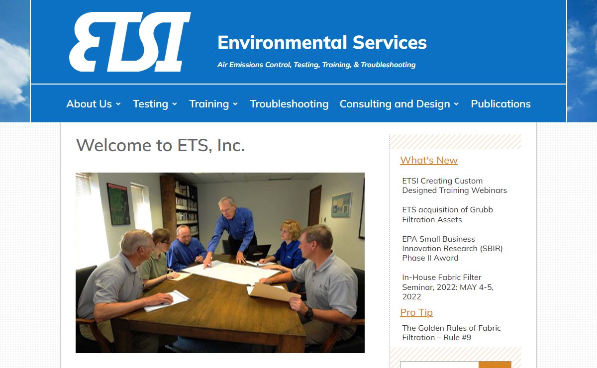 ETSI Environmental Systems | the world's leading baghouse consulting firm, providing environmental services in air emissions control, testing, training, troubleshooting, and testimony.