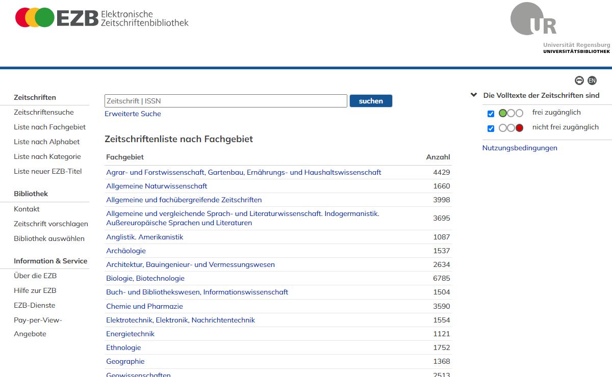 Zeitschriftenliste nach Fachgebiet | Elektronische Zeitschriftenbibliothek