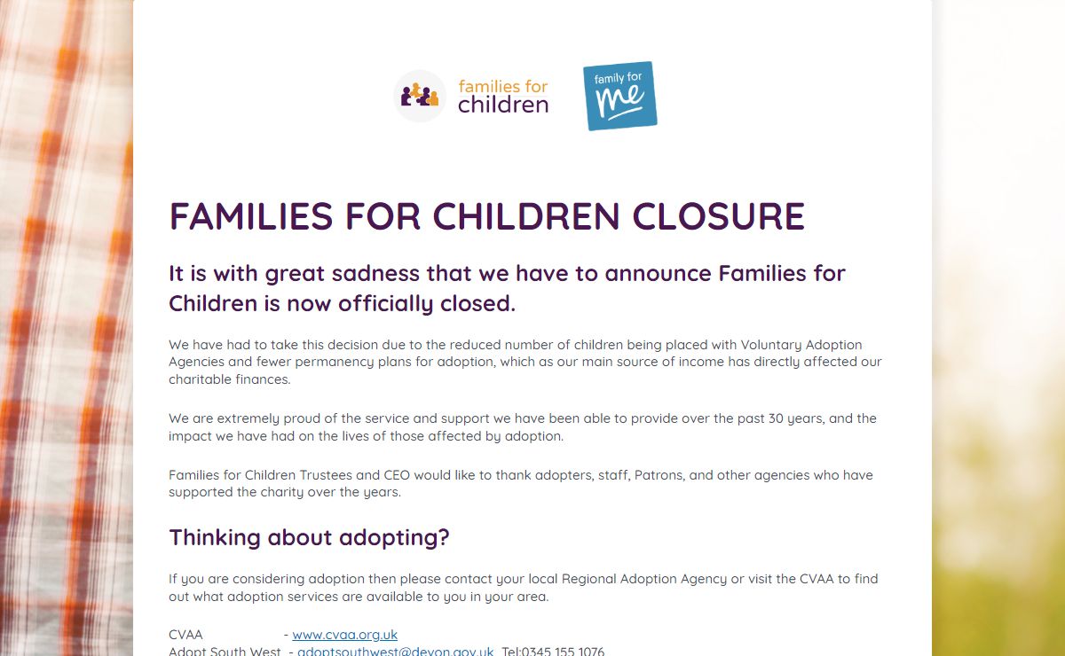 Families for Children Closure – Adoption Agency Devon