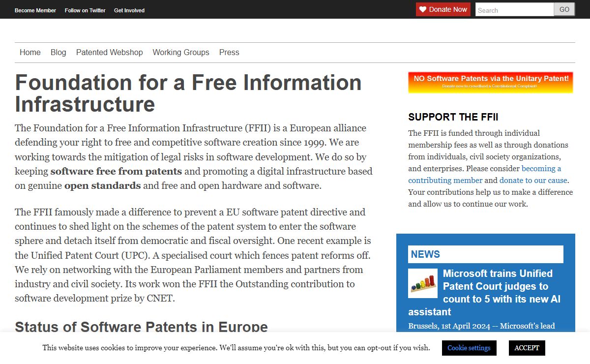 FFII | Foundation for a Free Information Infrastructure information on software patents, enforcement of IP, trade agreements