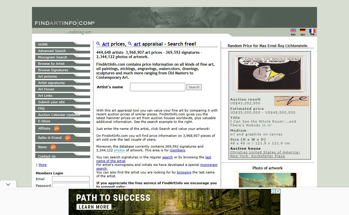 Art prices, art appraisal - Search free