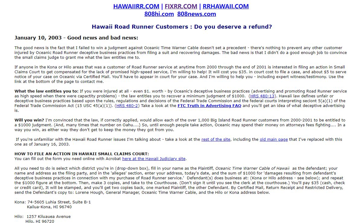Why Hawaii Road Runner Customers should get a Refund