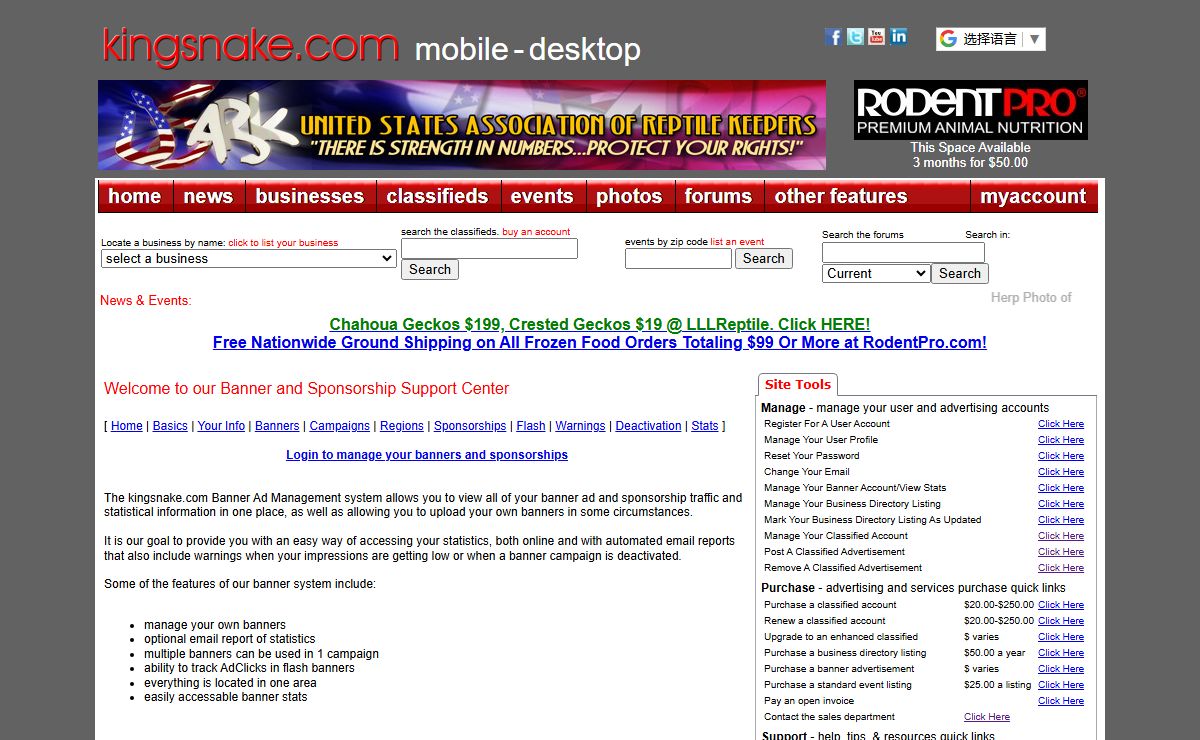Kingnake.com - banner ad and sponsorship help and support information
