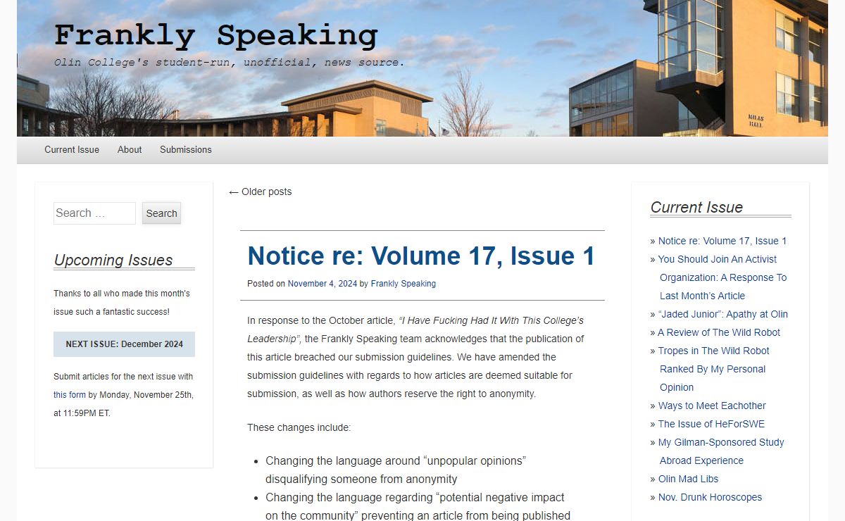 Frankly Speaking | Olin College's student-run, unofficial, news source.