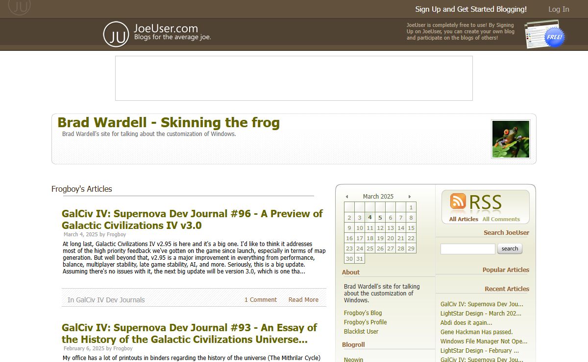 JoeUser » Brad Wardell - Skinning the frog » [Brad Wardell's site for talking about the customization of Windows.]