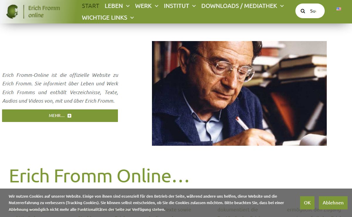 Fromm-Online.org – Fromm-Online.org dokumentiert Leben und Werk des Sozialpsychoanalytikers und Humanisten Erich Fromm (1900-1980) sowie die Rezeption und Wirkung seines Werkes.