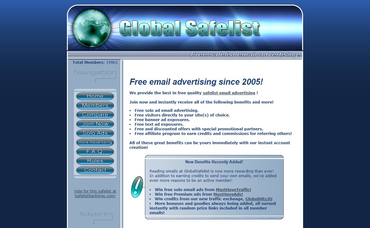 Free Safelists, credit based safelist advertising from Global Safelist