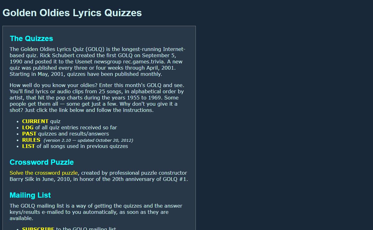 GOLQ: Golden Oldies Lyrics Quiz Home