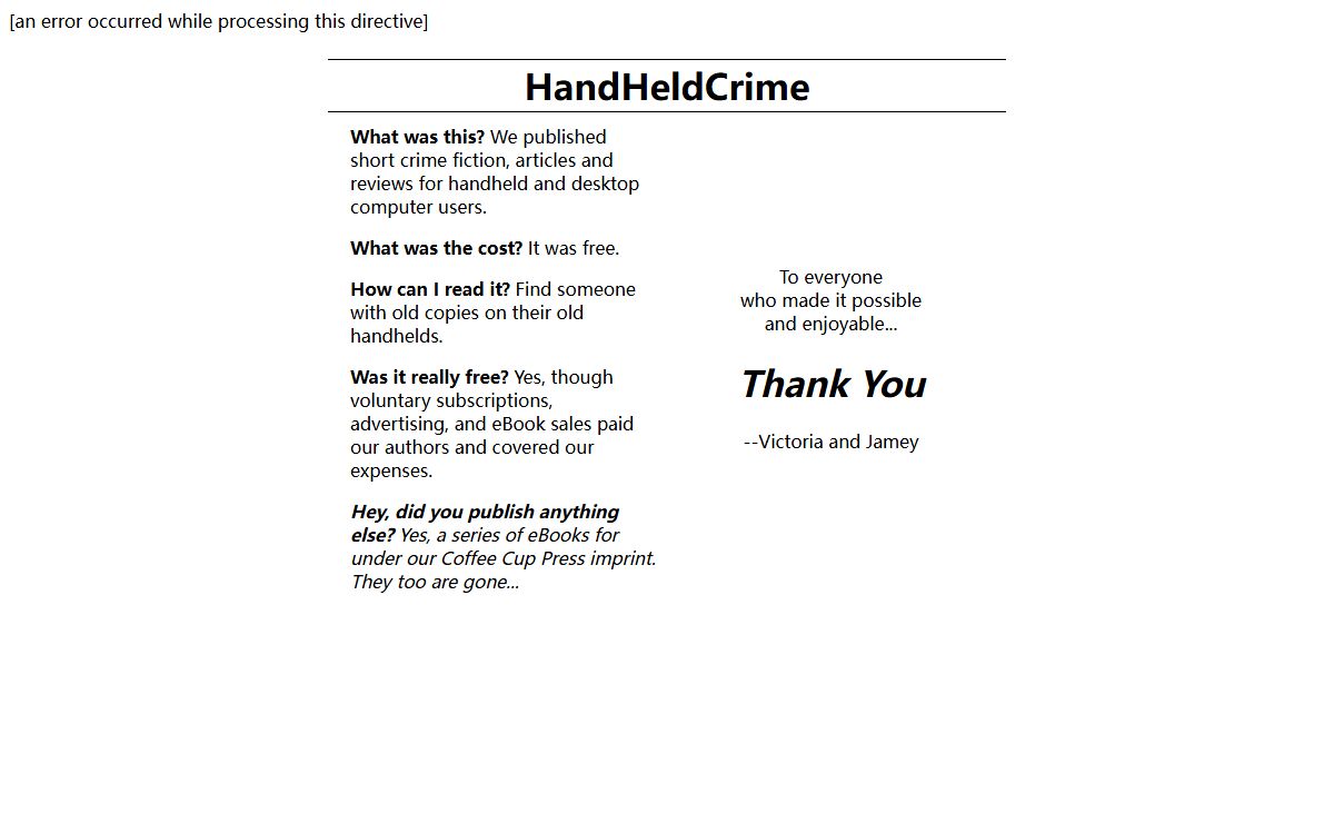 HandHeldCrime[an error occurred while processing this directive] - Short Mystery Fiction for Handheld and Desktop Computers