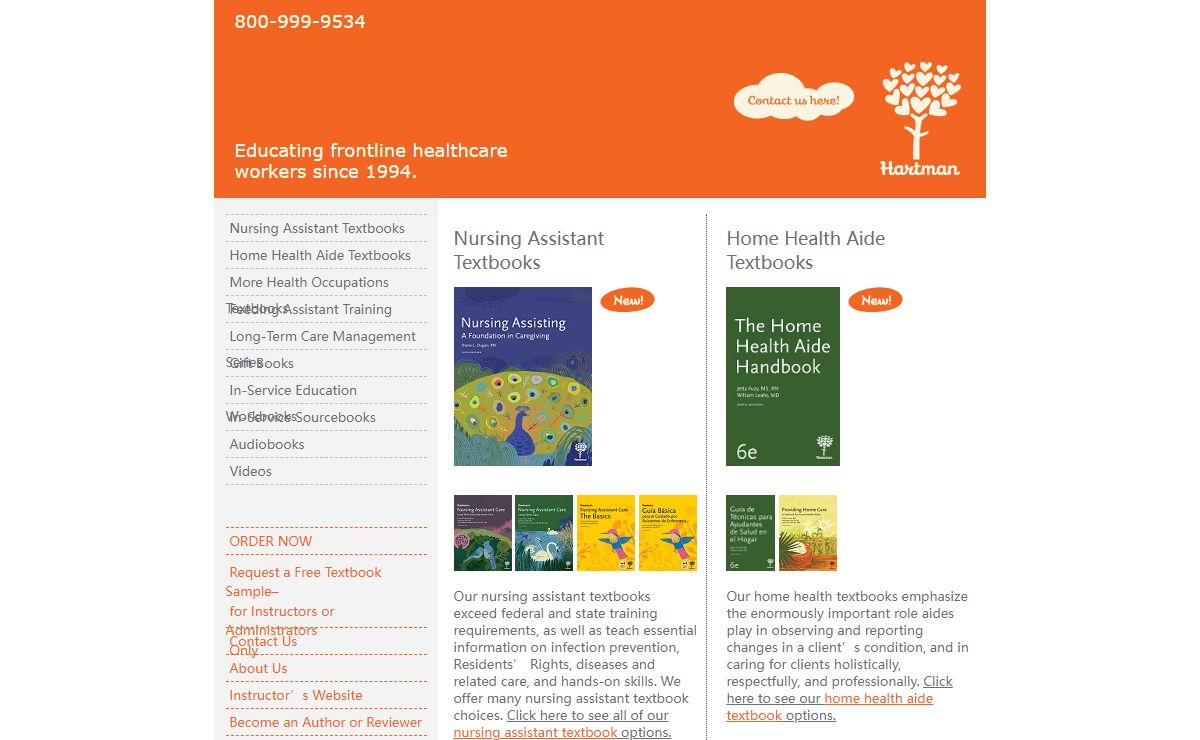 Hartman Publishing, Inc.- In-service educational material for nurses' aides, home health aides, caregivers and other health care workers - nursing homes, long-term care, hospitals, home care, hospice, elderly, training, education , nursing assistants, Spanish textbook for CNAs.