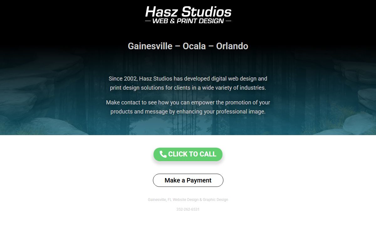 HS LLC – Professional Web Development & Design – Gainesville – Ocala – Orlando – Since 2002, Hasz Studios has developed digital web design and print design solutions for companies on multiple continents. Make contact today and become empowered by professionally promoting your products and message to the world.