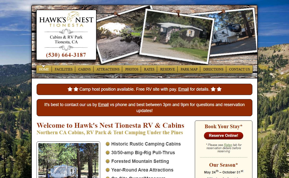 Northern CA Cabins, RV Park, Tenting : Hawk’s Nest Tionesta