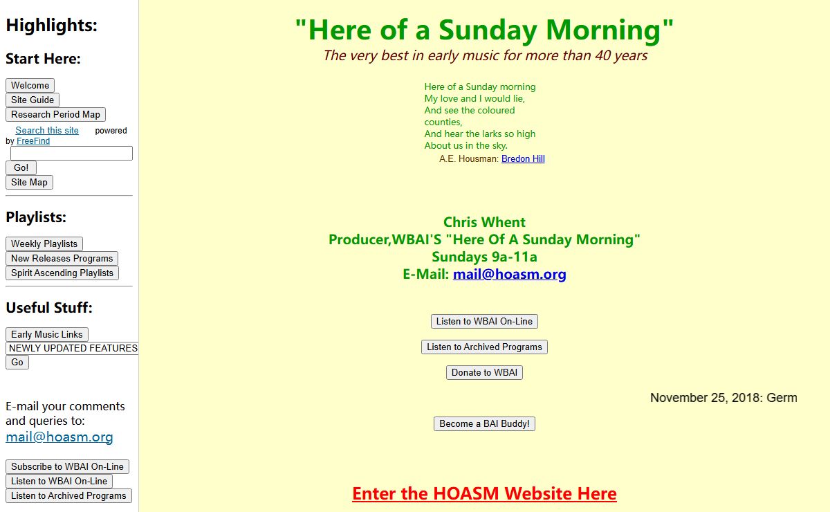 HOASM: Here Of A Sunday Morning Early Music Sundays over WBAI 99.5FM in New York