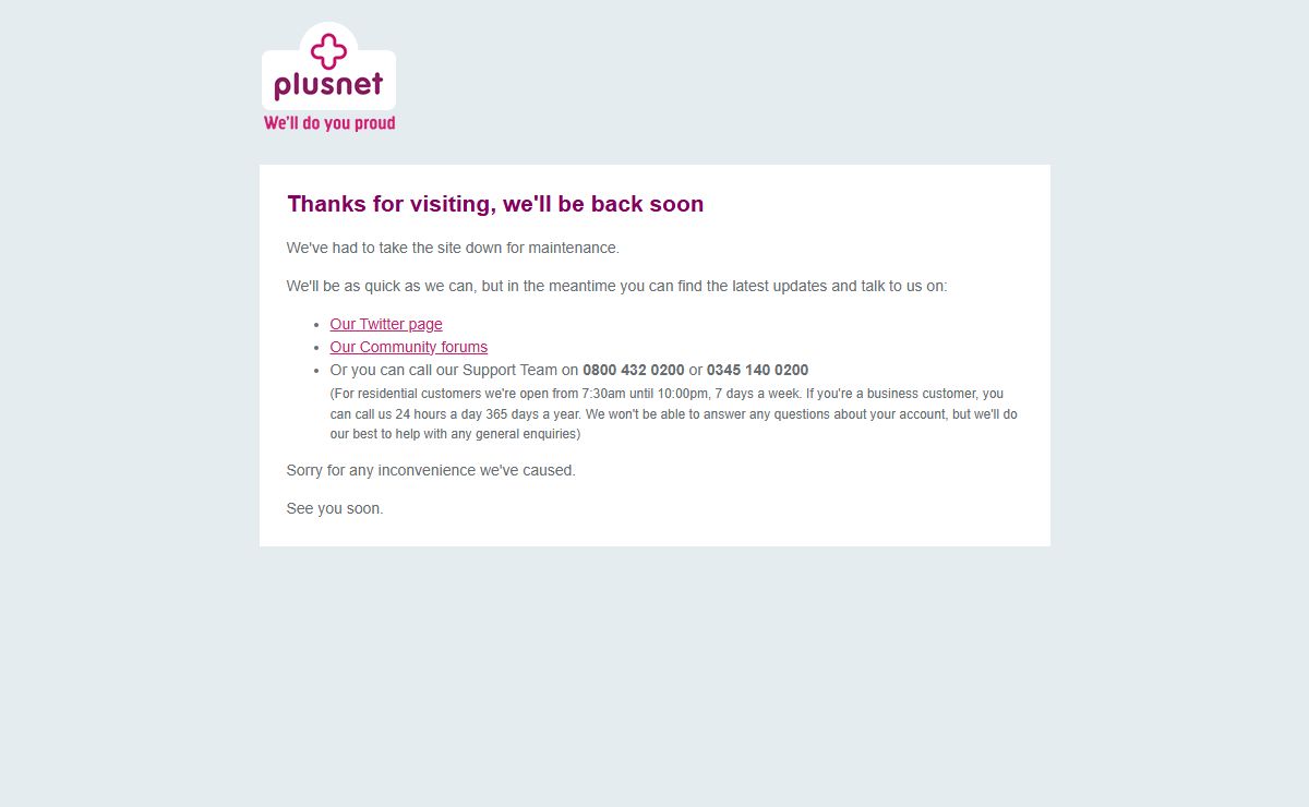 Plusnet - we'll be back soon