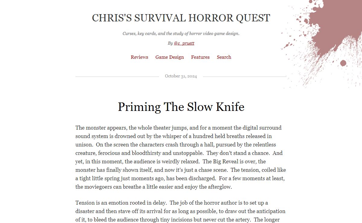 Chris's Survival Horror Quest | Curses, key cards, and the study of horror video game design.<br><br>By <a href="http://twitter.com/c_pruett">@c_pruett</a>