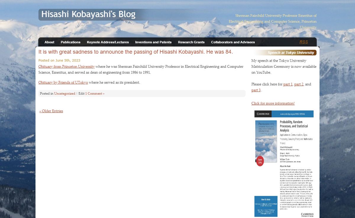 Hisashi Kobayashi's Blog | Sherman Fairchild University Professor Emeritus of Electrical Engineering and Computer Science, Princeton University