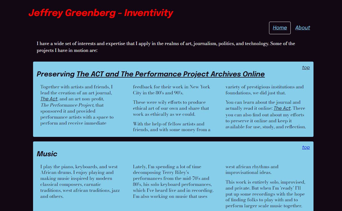 A showcase of Jeffrey GreenbergÂ´s creative work in art, technology, and politics