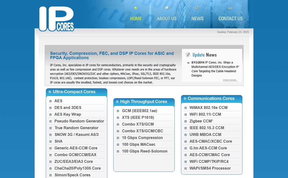 IP Cores, Inc: Security, FEC, Compression, and DSP IP Cores for ASIC and FPGA