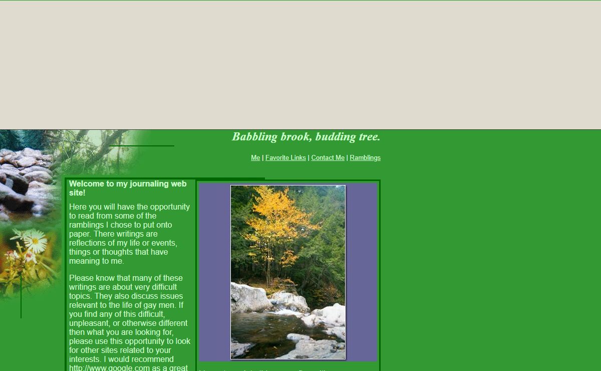 Babbling brook, budding tree.
