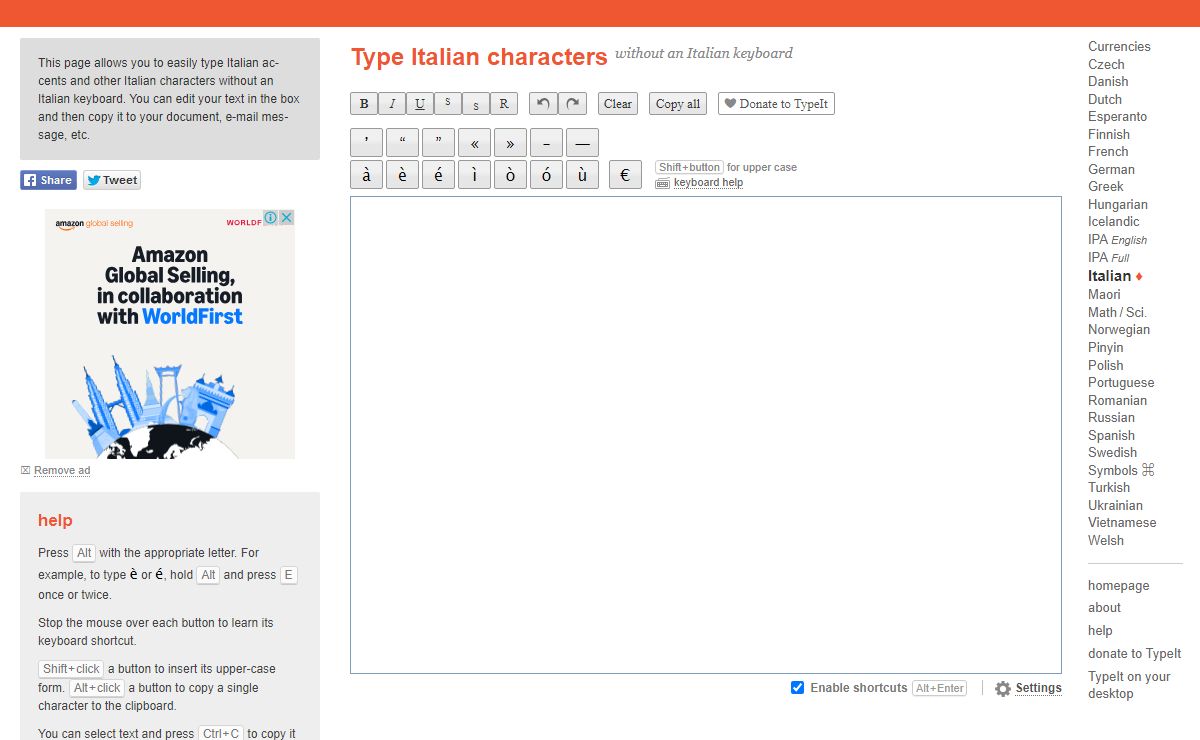 Type Italian characters - online Italian keyboard