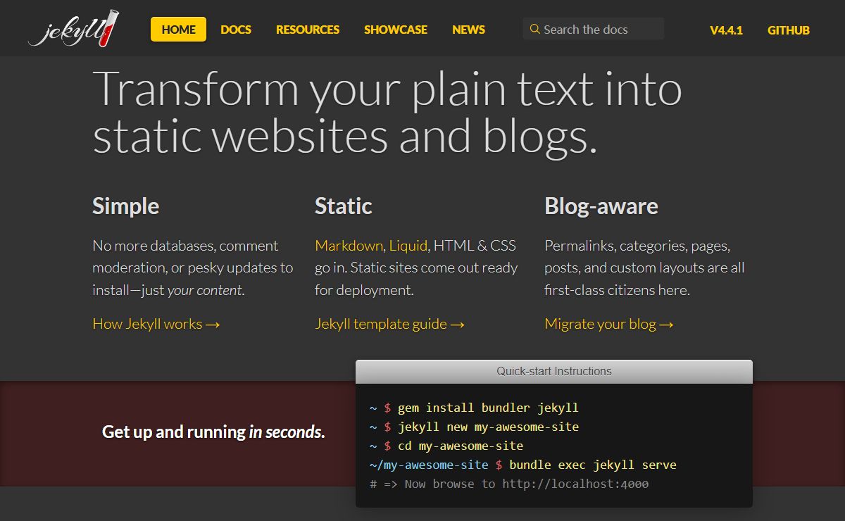 Jekyll • Simple, blog-aware, static sites | Transform your plain text into static websites and blogs
