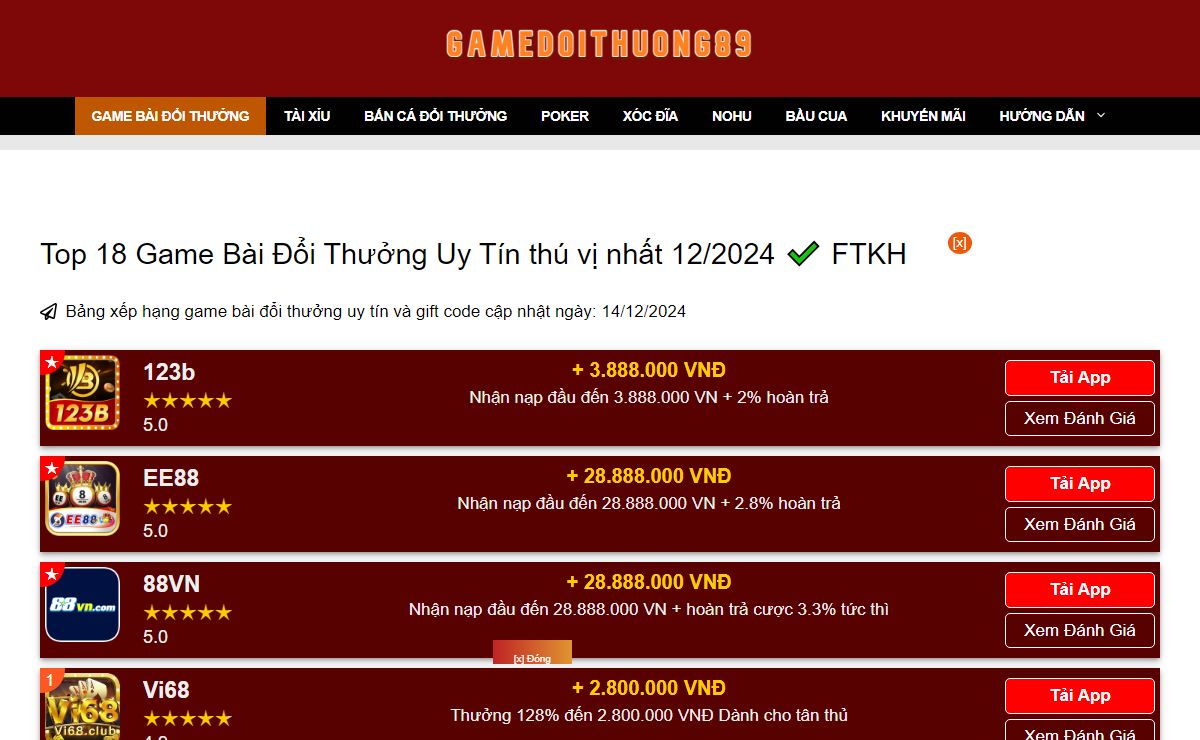 Top 18 Game Bài Đổi Thưởng Uy Tín thú vị nhất 12/2024 ✔️ FTKH
