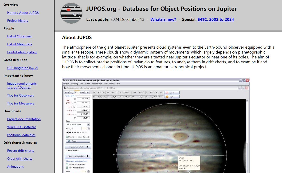 JUPOS.org - Database for Object Positions on Jupiter