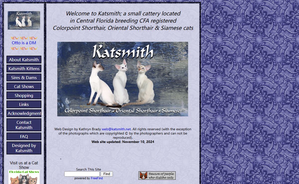 Katsmith Cattery ~ CFA Colorpoint, Oriental & Siamese cats and kittens now located in Central Florida