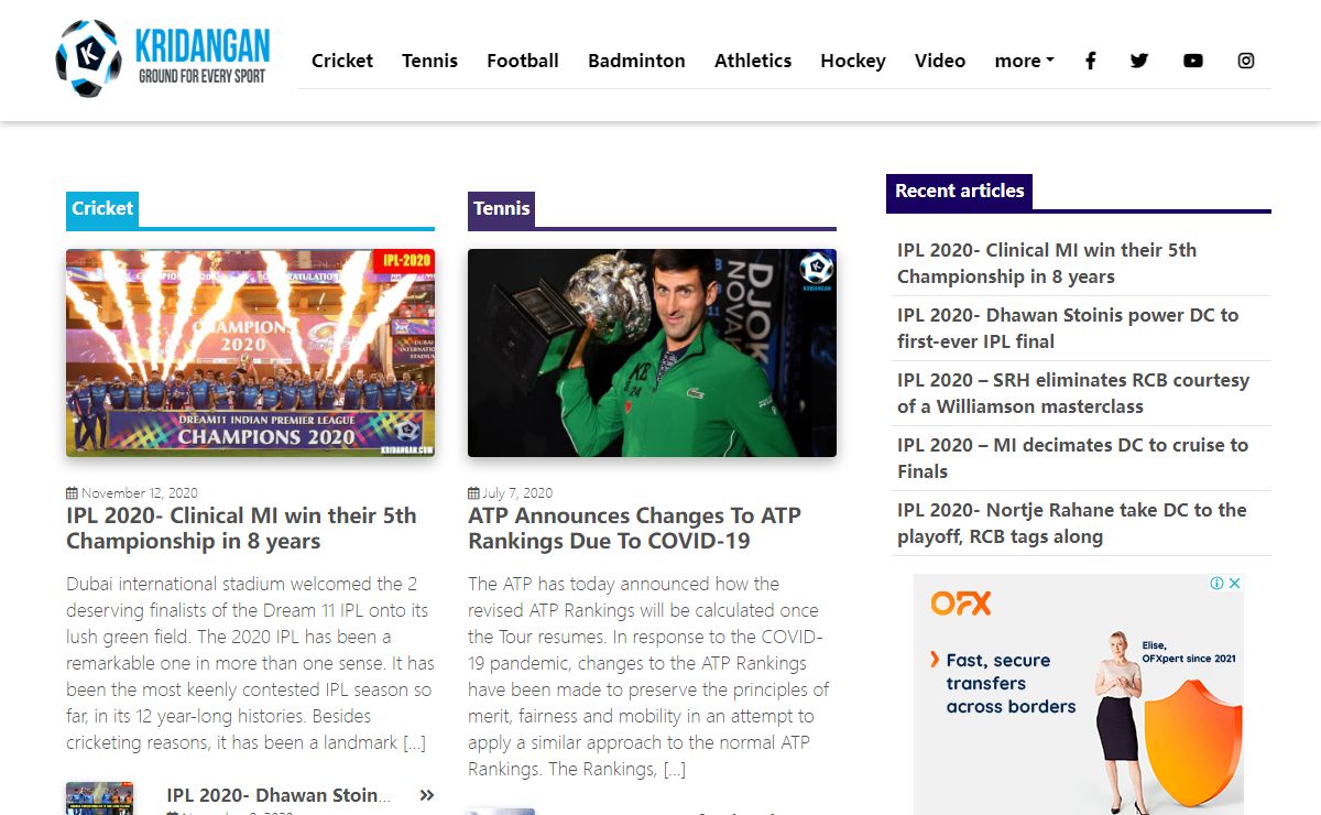 Indian sport news - IPL 2020 , Tennis, Badminton, Cricket & Football Updates | Kridangan