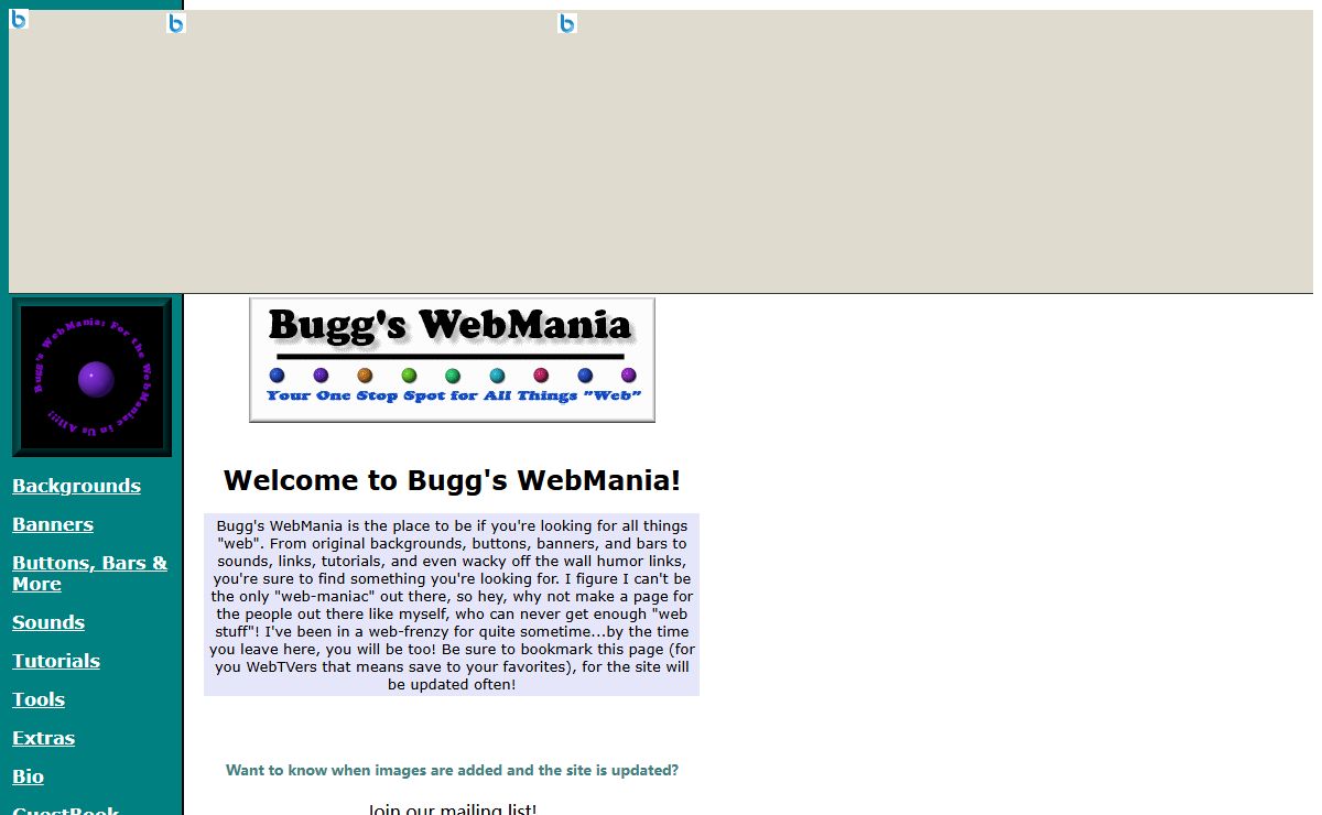 Bugg's WebMania: Free backgrounds, banners, bars, buttons, midis and more!