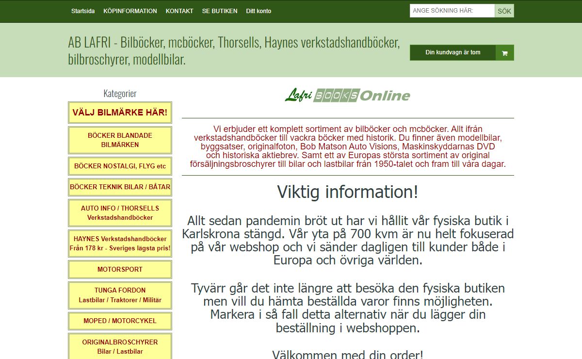 Start - AB LAFRI - Bilböcker, mcböcker, Thorsells, Haynes verkstadshandböcker, bilbroschyrer, modellbilar.