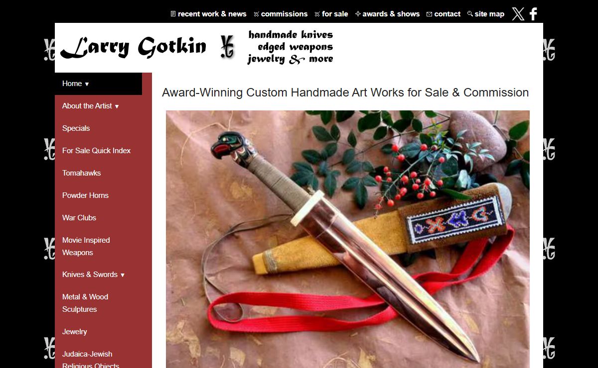 Custom handmade knives, tomahawks, edged weapons, war clubs, powder horns, powderhorns, metal sculpture, jewelry by Larry Gotkin for Sale or Commission - Home