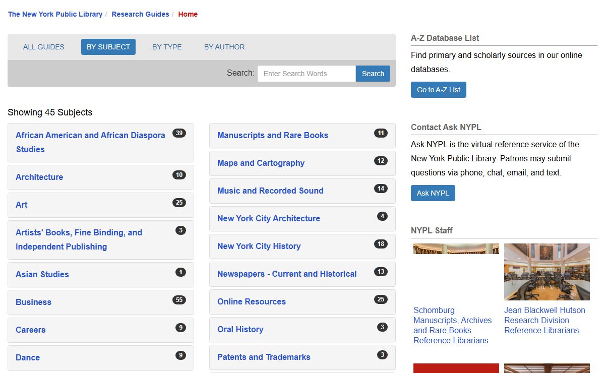 Guides BY SUBJECT - Research Guides at New York Public Library Research Centers