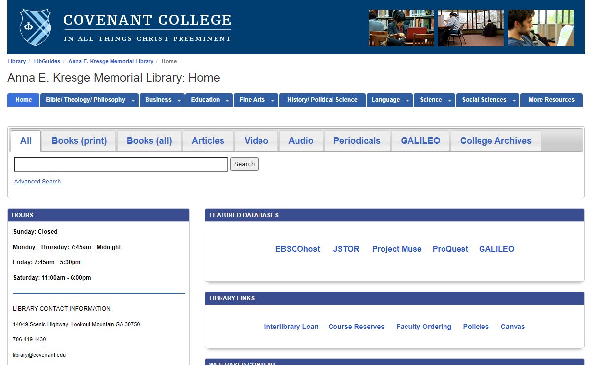 Home - Anna E. Kresge Memorial Library - LibGuides at Covenant College