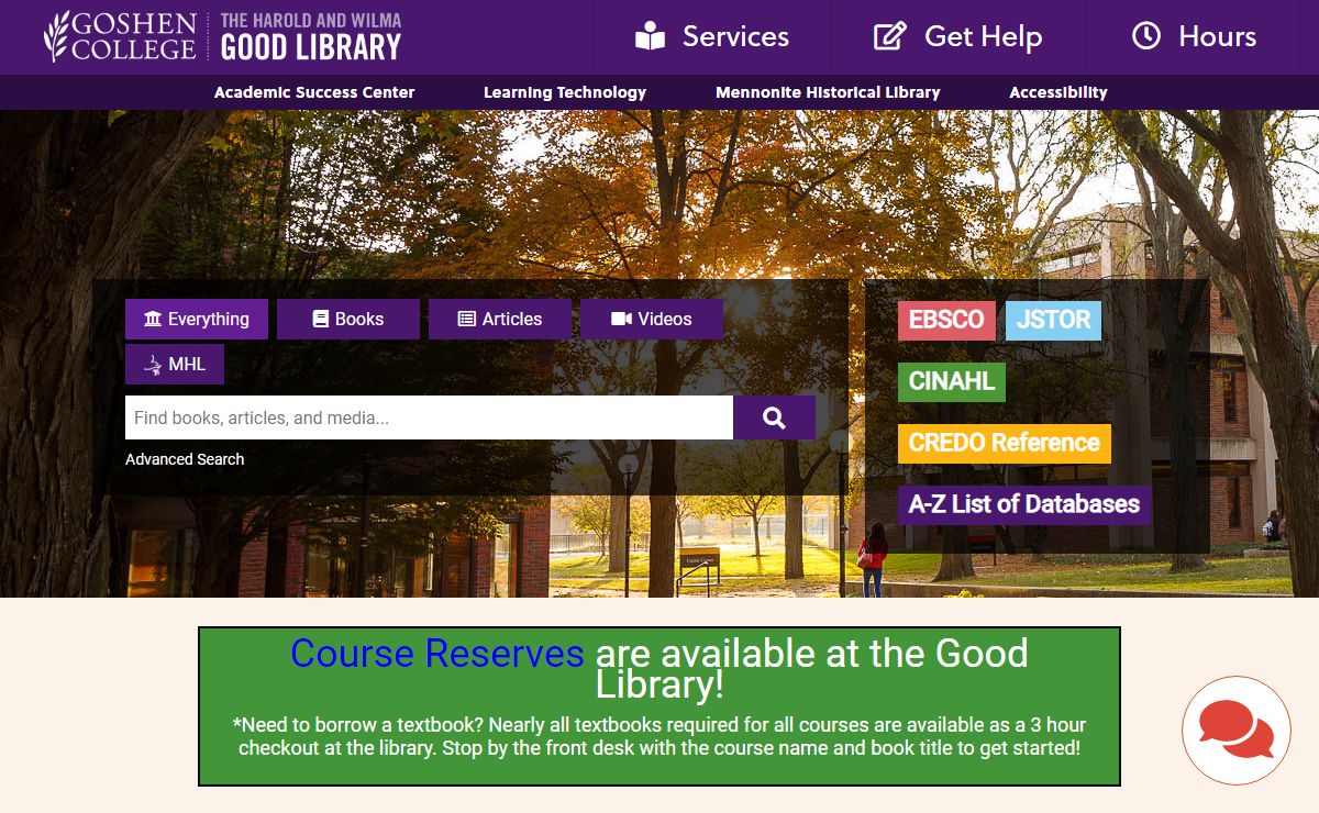 Good Library - Home - Harold & Wilma Good Library at Goshen College