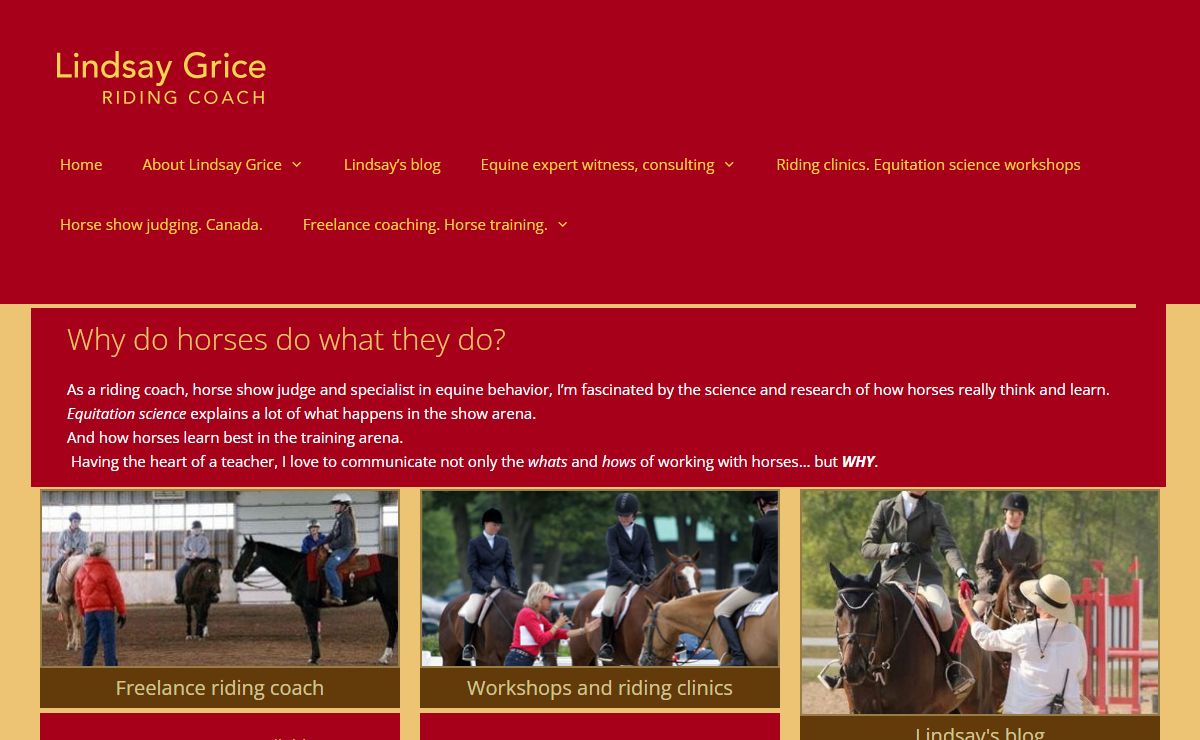 Lindsay Grice Riding Coach – Freelance Ontario riding coach and horse show judge. Expert in horse behaviour and equine learning.