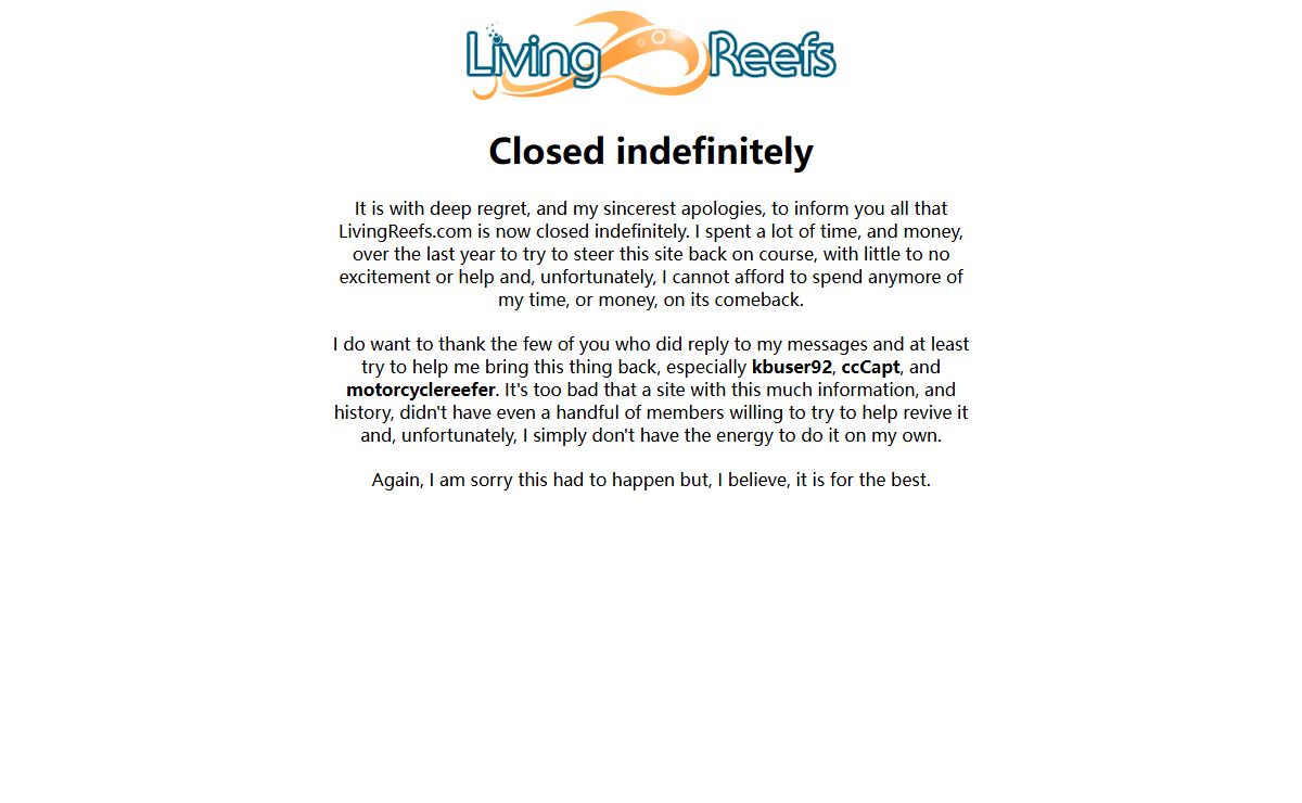 Closed indefinitely | LivingReefs.com