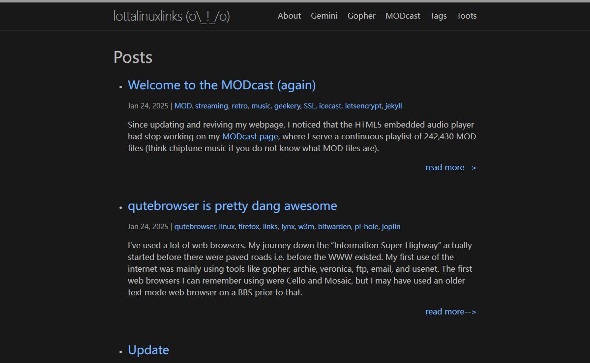 lottalinuxlinks (o_!_/o) | The lottalinuxlinks.com linux user web blog is where an old linux user rambles on about linux, FOSS, movies, books, and other geekery.