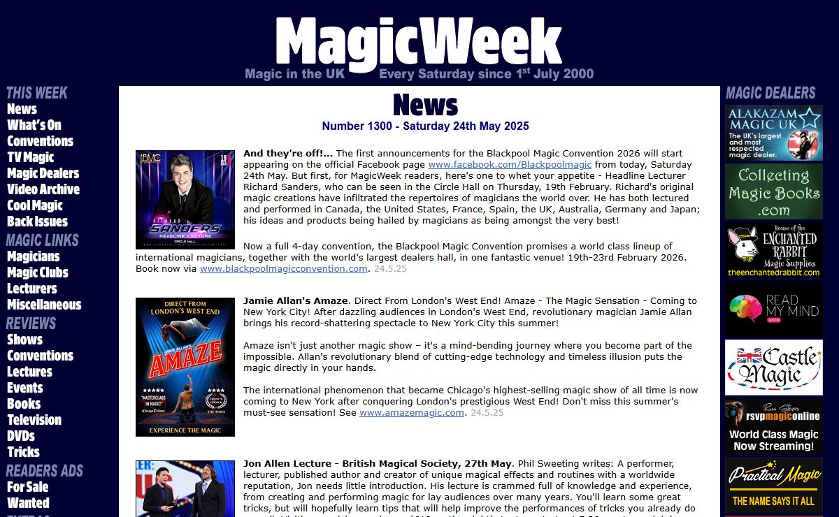 MagicWeek - Magic News Magazine UK - Magic Shops, Magic Tricks, Magic Clubs, Magicians, Magic Conventions