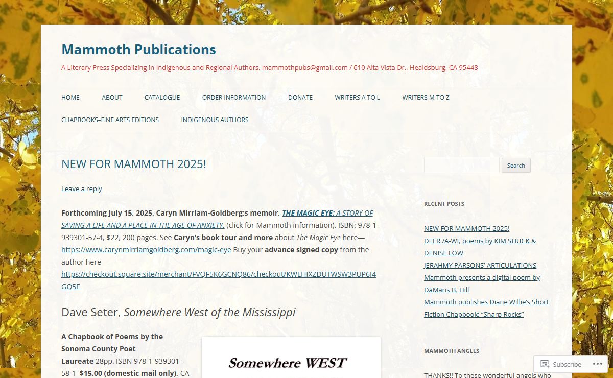 Mammoth Publications | A Literary Press Specializing in Indigenous and Regional Authors, mammothpubs@gmail.com / 610 Alta Vista Dr., Healdsburg, CA 95448