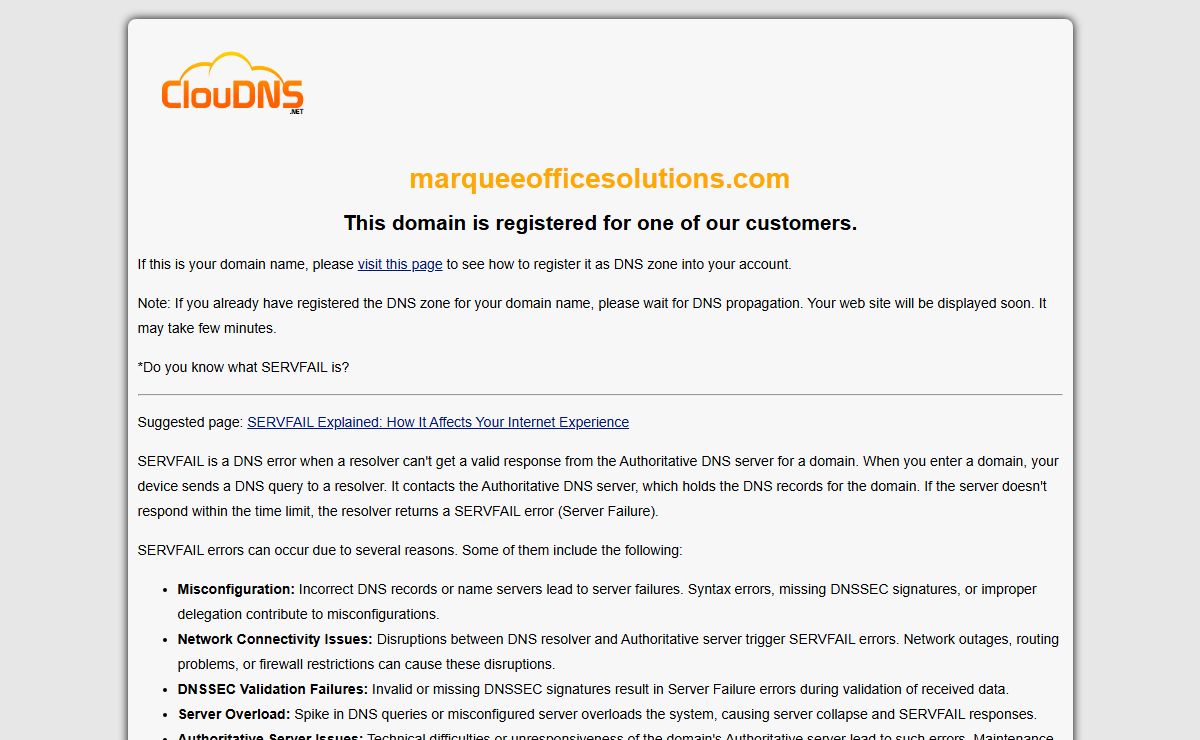 marqueeofficesolutions.com | Servfail