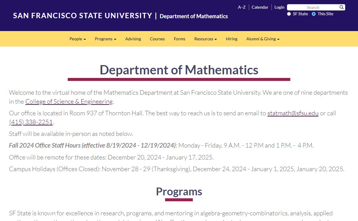 Department of Mathematics | San Francisco State University | Undergraduate & Graduate Math Programs - Combinatorics, Applied Math, Data Science, Math Education | Bay Area, California