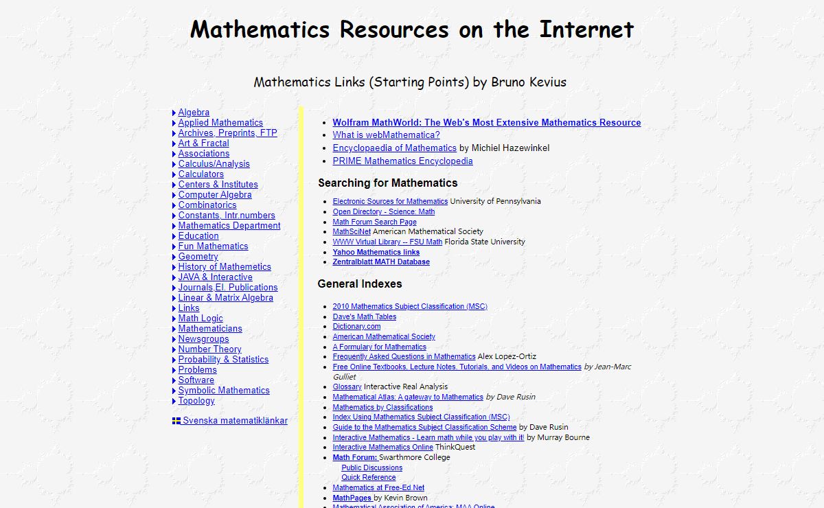 Mathematics Resources on the Internet - (Math Links by Bruno Kevius)