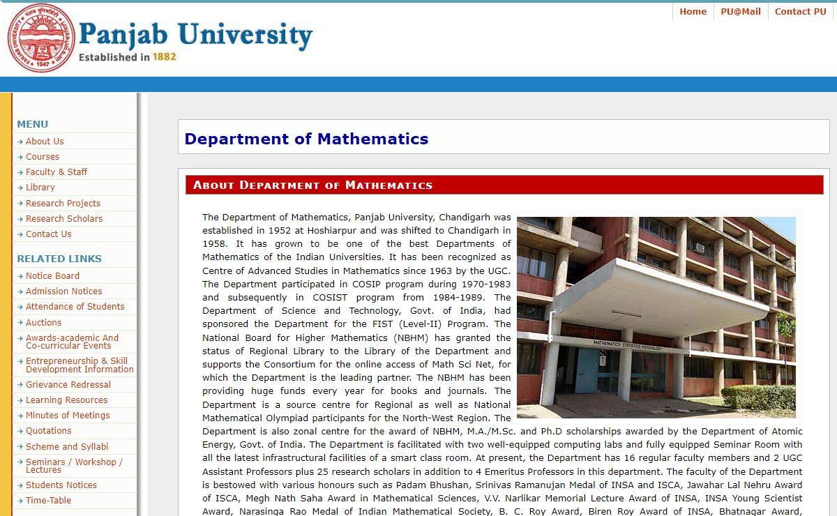 Department of Mathematics Panjab University Chandigarh ਪੰਜਾਬ ਯੂਨੀਵਰਸਿਟੀ ਚੰਡੀਗੜ੍ਹ पंजाब विश्वविद्यालय चंडीगढ़ पंजाब यूनिवर्सिटी चंडीगढ़ Chandigarh India