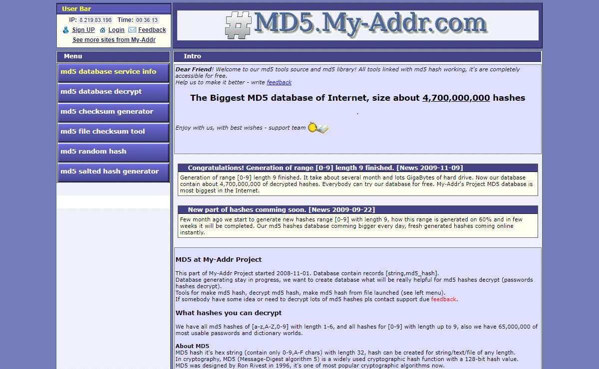 Biggest online MD5 database of Internet, size 4700 million unique hashes