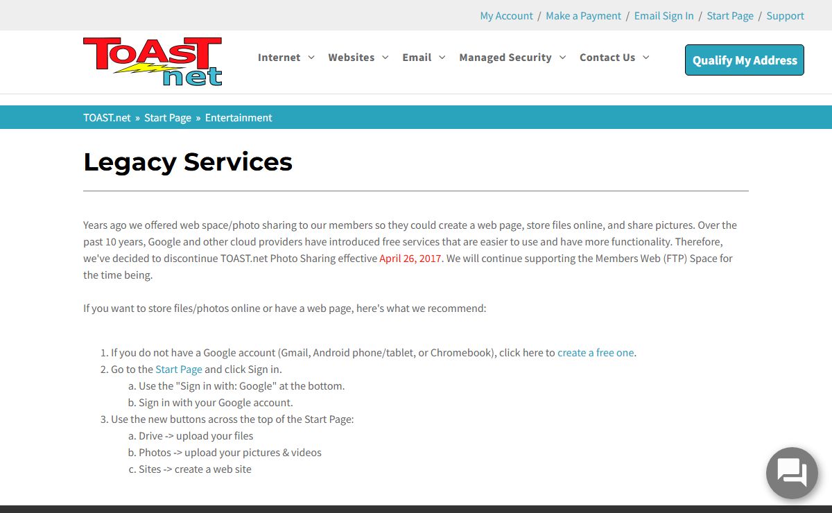 Legacy Services - TOAST.net Internet