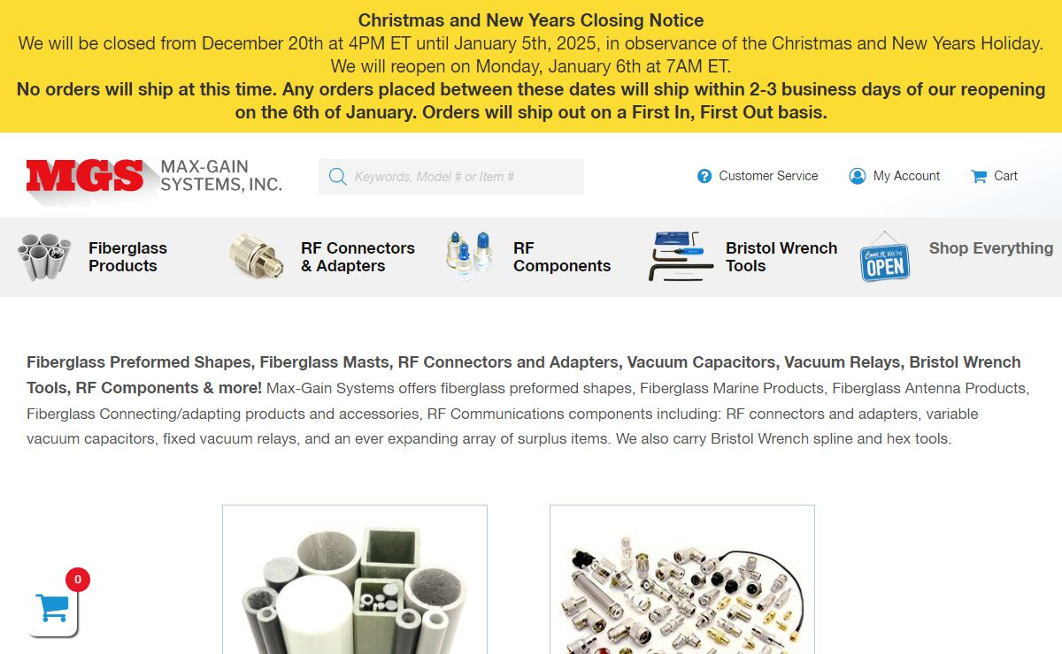 MAX-GAIN SYSTEMS | Home | Fiberglass, RF Connectors & Adapters