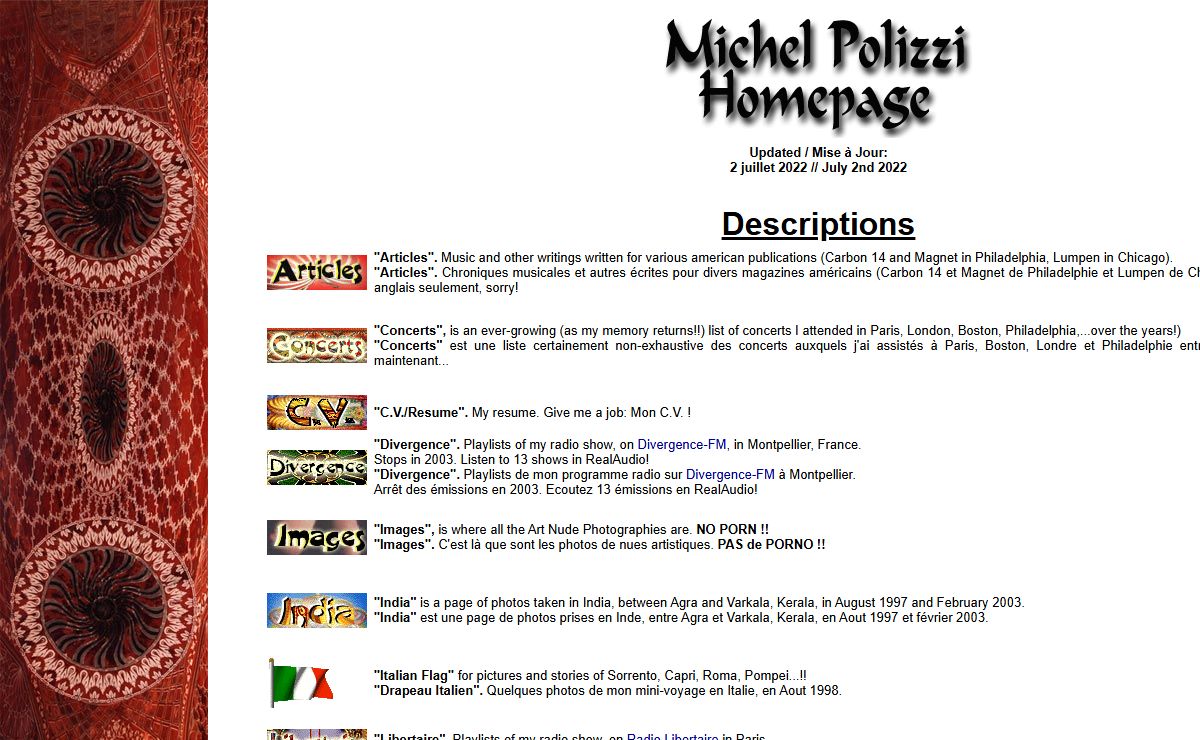 Michel Polizzi Homepage, Art Nude Photography, Radio Libertaire & Divergence-FM playlists, photos of India & Italy, underground music stories & record reviews
